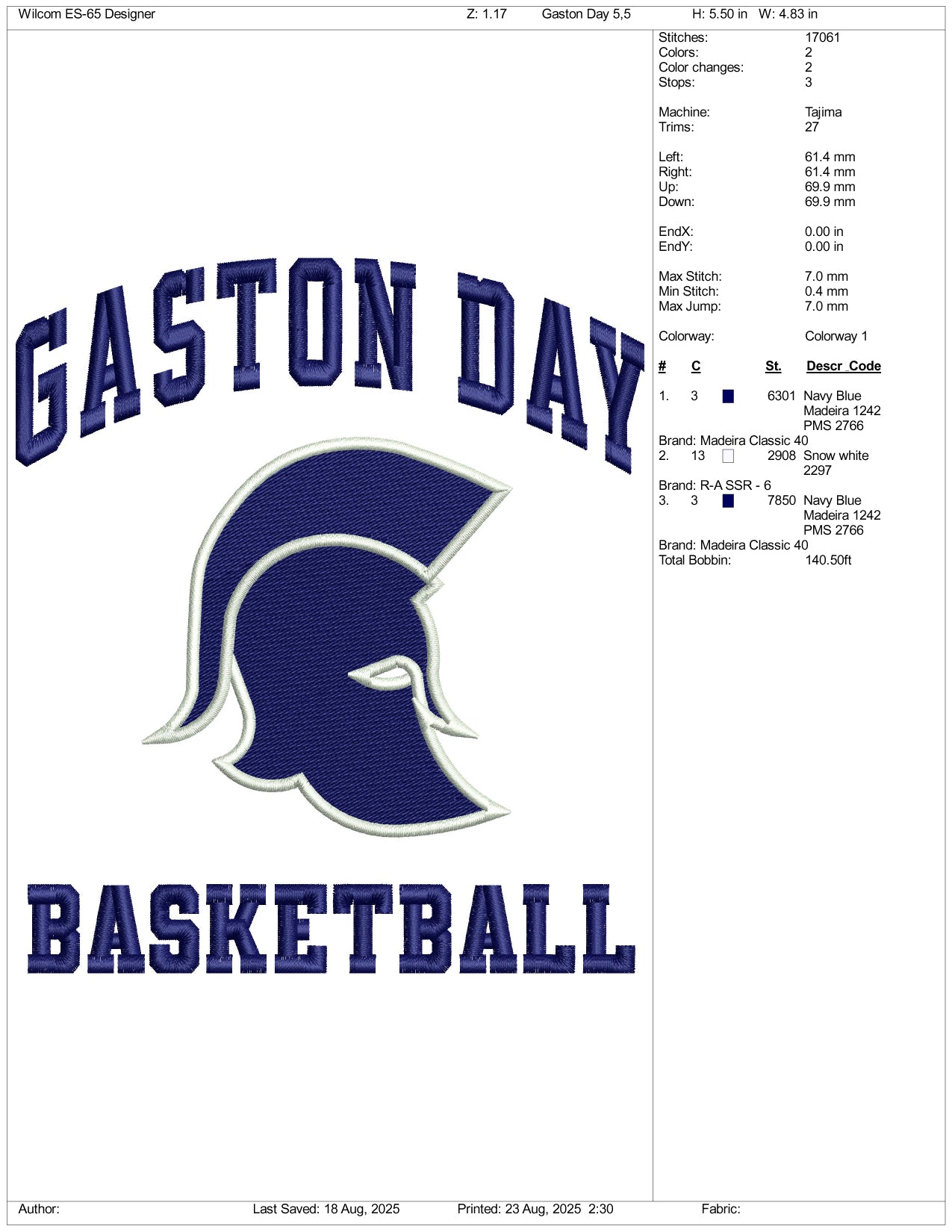 Gaston Day Basketball Embroidery Files - 3 Size's