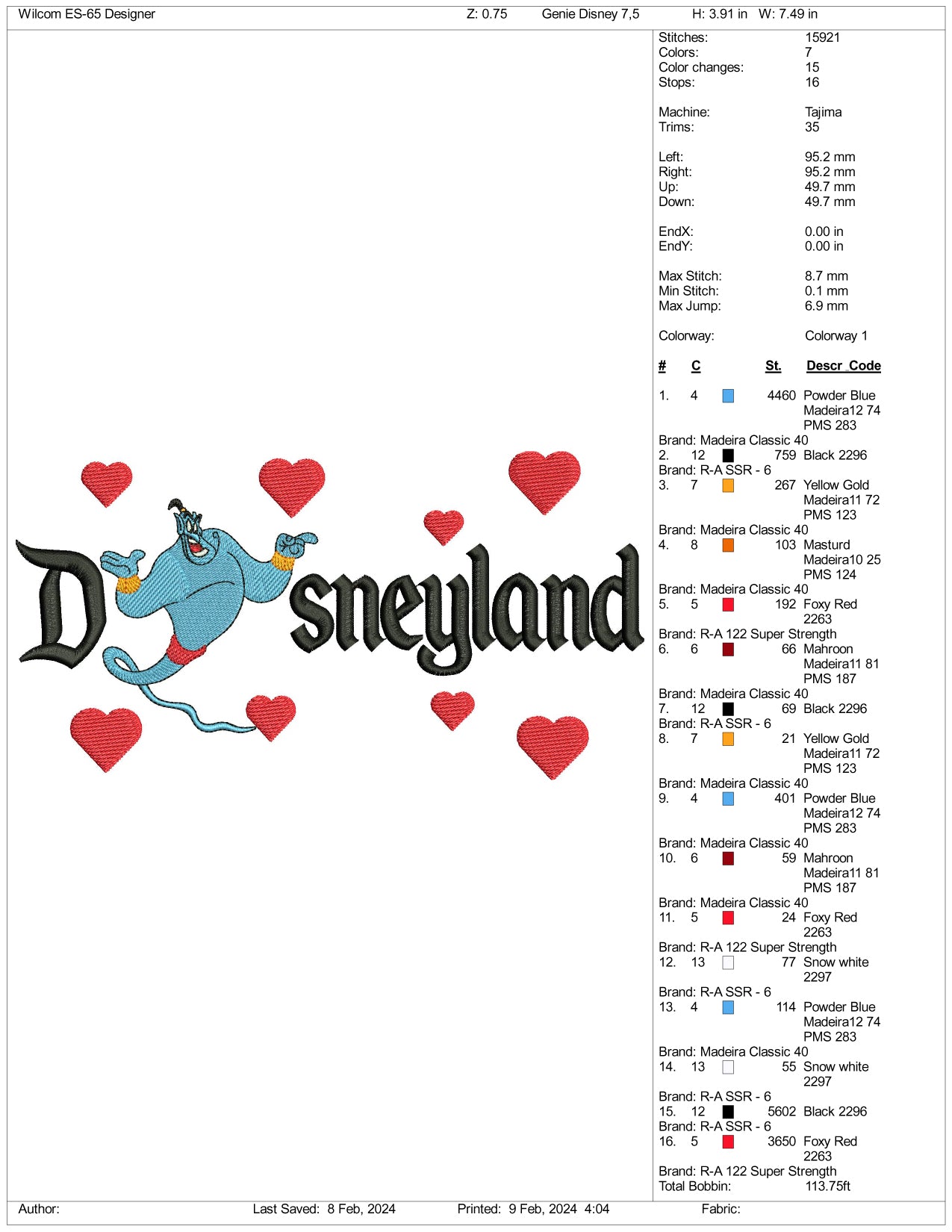 Genie Disneyland  Embroidery Design Files - 3 Size's