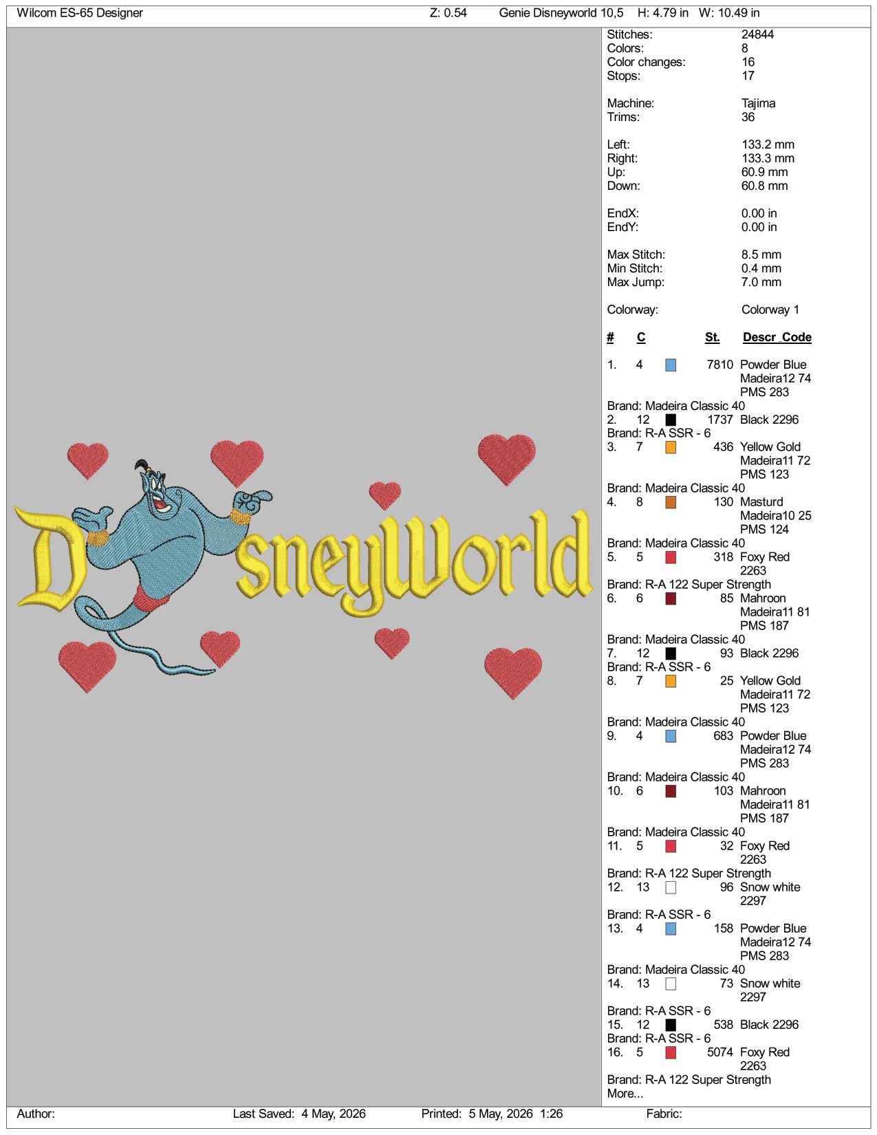 Genie Disneyworld Embroidery Design Files - 3 Size's