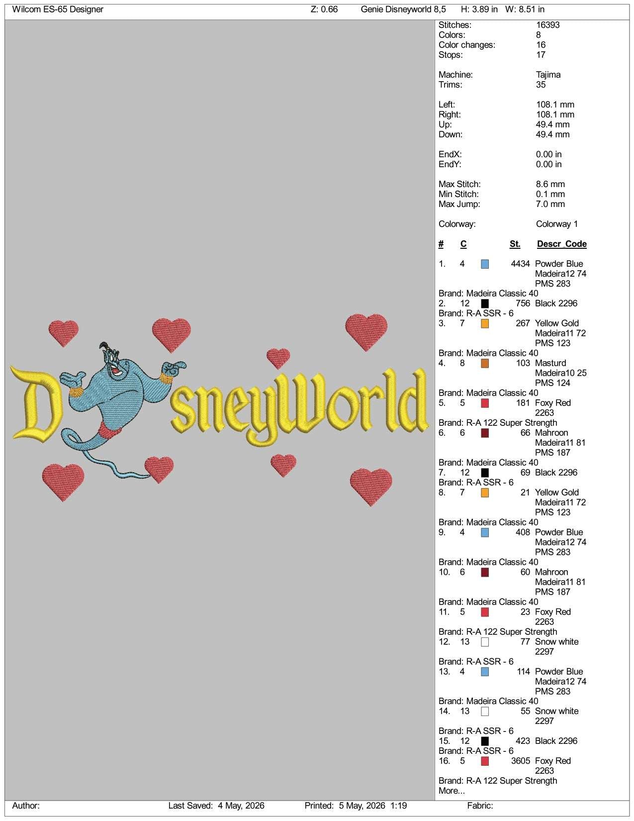 Genie Disneyworld Embroidery Design Files - 3 Size's