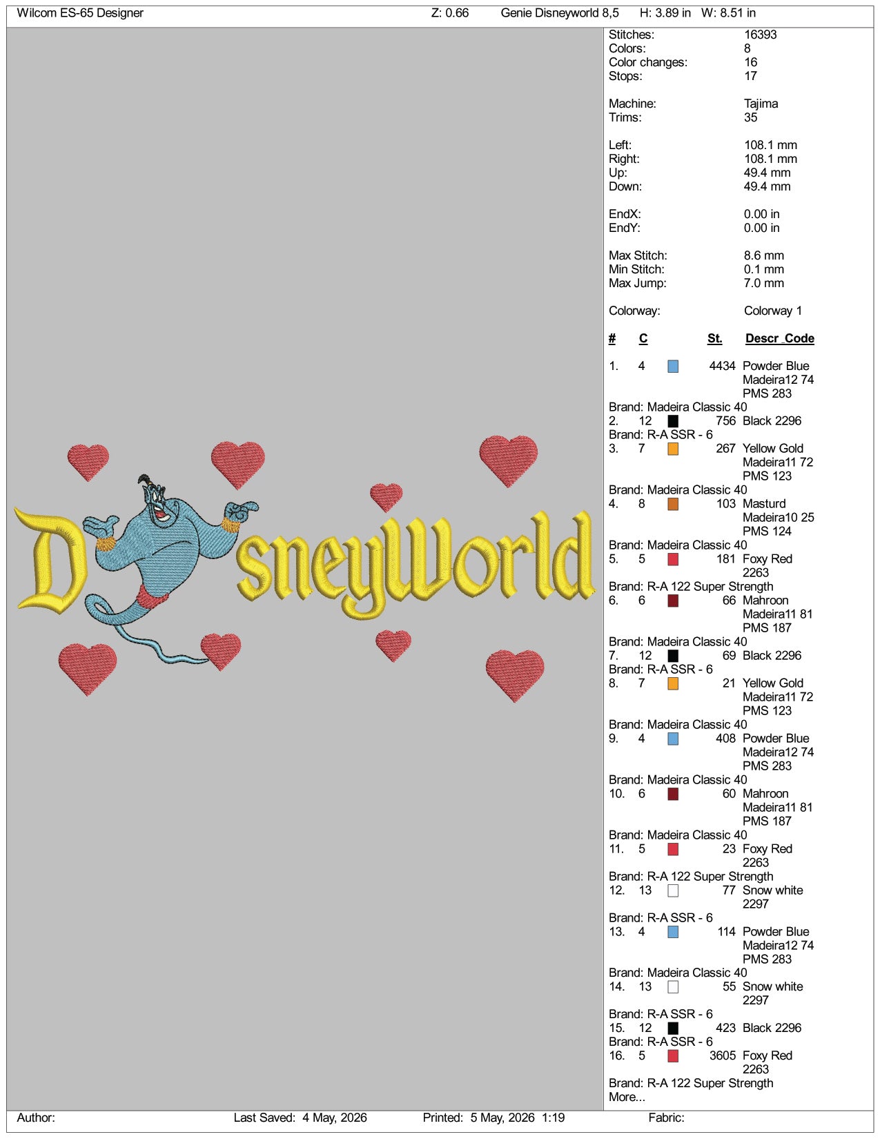 Genie Disneyworld Embroidery Design Files - 3 Size's