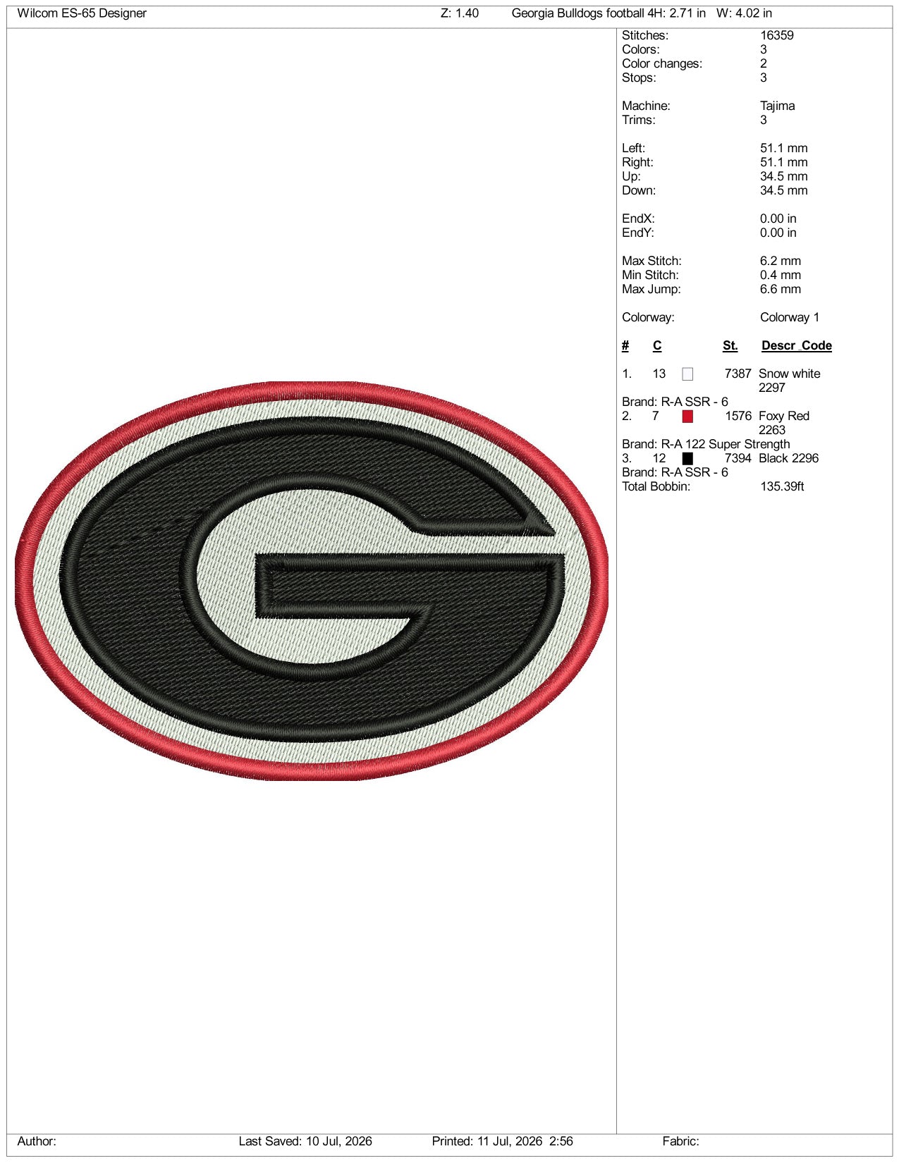 Georgia Bulldogs Football Logo Embroidery Design Files - 3 Size's