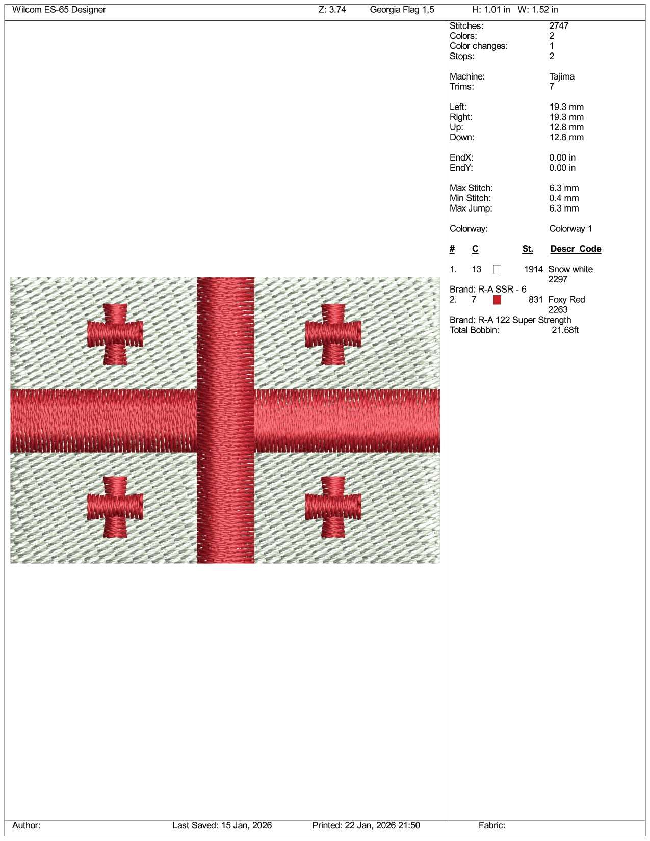 Georgia Flag Embroidery Design Files - 3 Size's