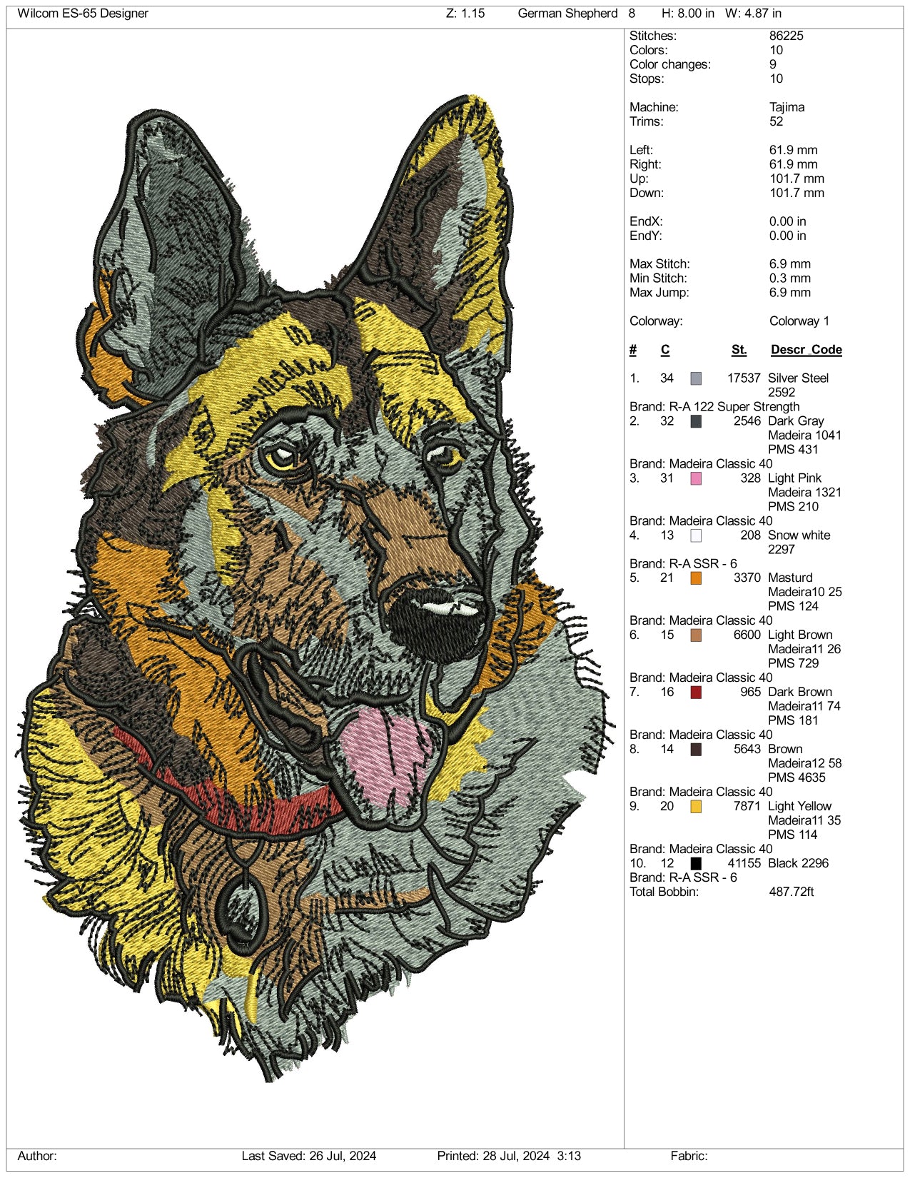 German Shepherd Embroidery  Files - 3 Size's