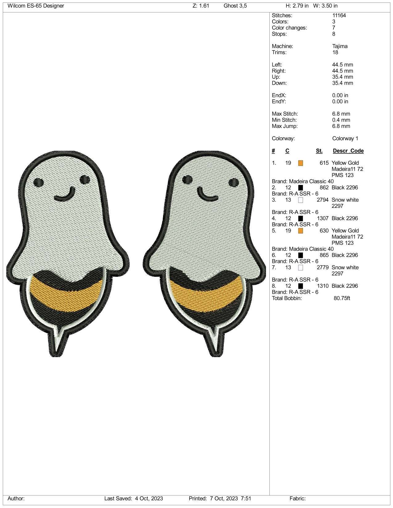 2 Bee Ghost Embroidery Design Files - 3 Size's