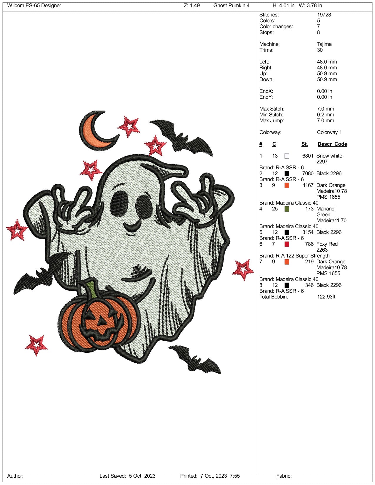 Happy Ghost Embroidery Design Files - 4 Size's