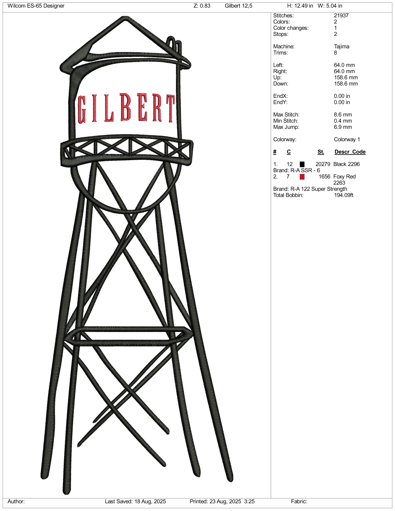 Gilbert Water Tank Embroidery Files - 3 Size's