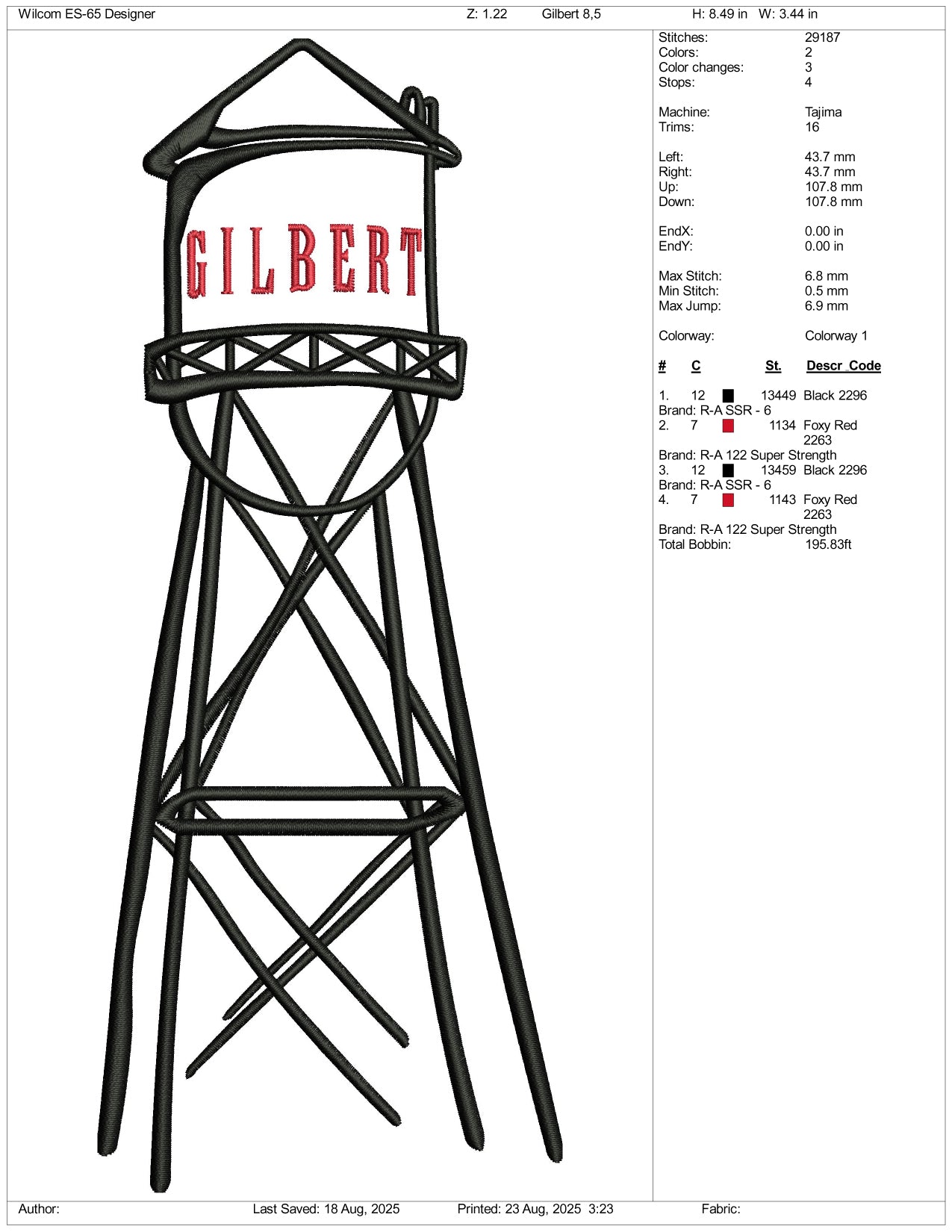 Gilbert Water Tank Embroidery Files - 3 Size's