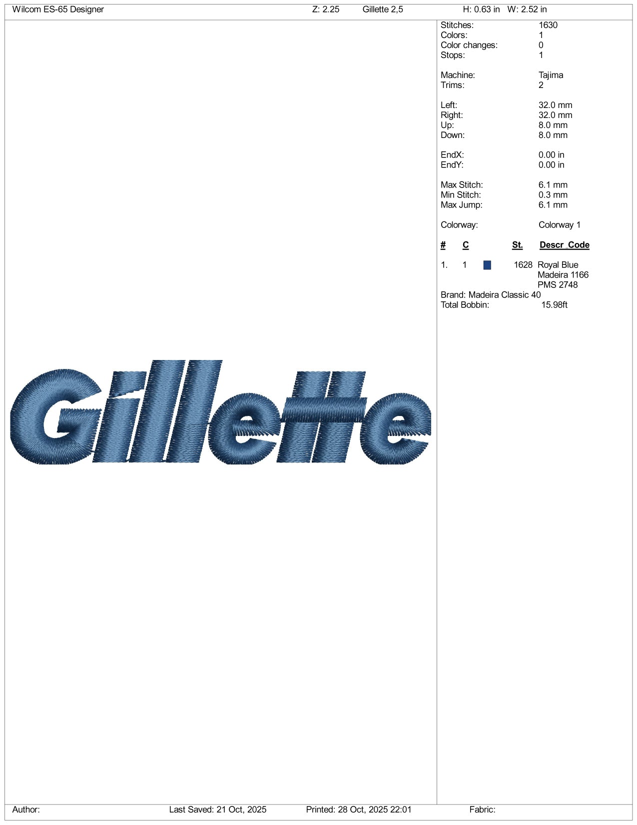 Gillette Logo Embroidery Design Files - 3 Size's