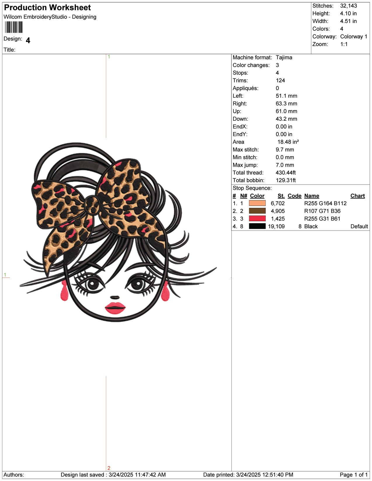 Girl with Leopard Bow Embroidery Design Files - 9 Size's