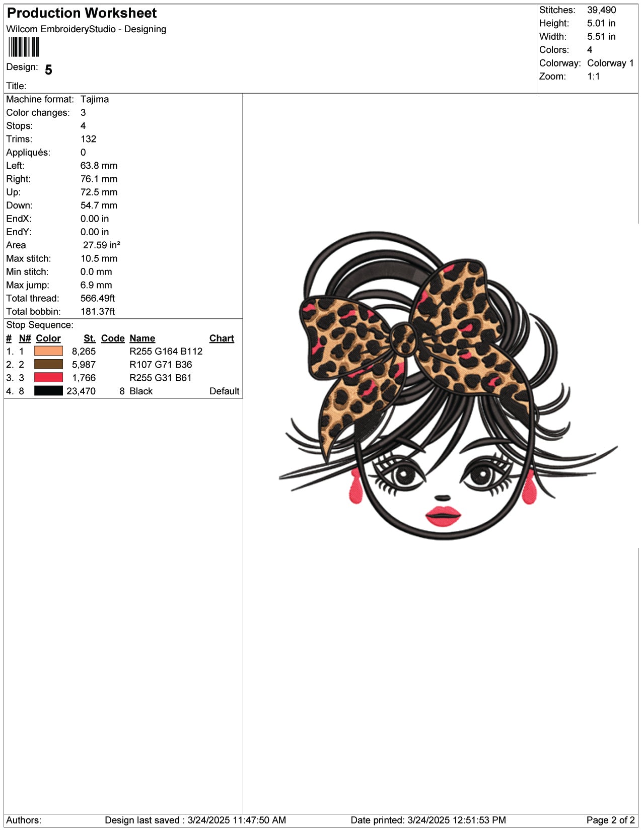 Girl with Leopard Bow Embroidery Design Files - 9 Size's