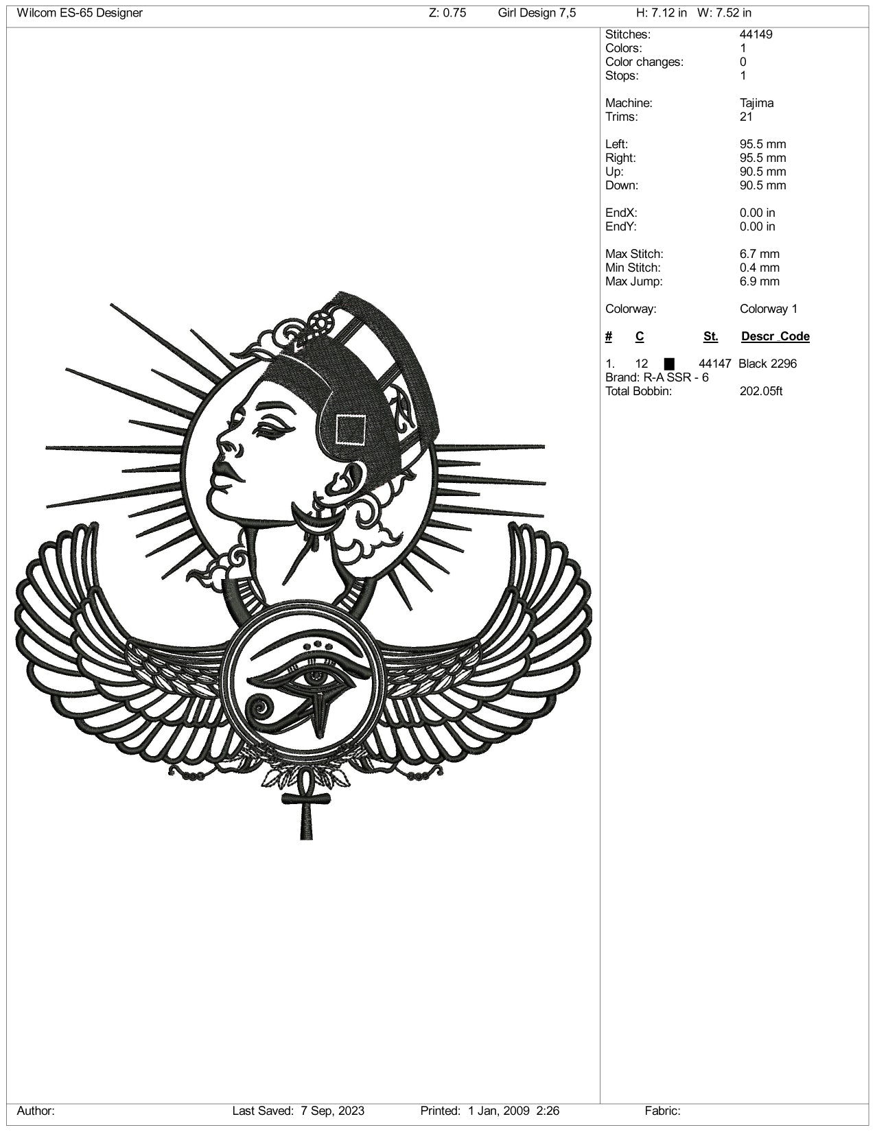 Egyptian Girl Embroidery Design Files - 3 Size's