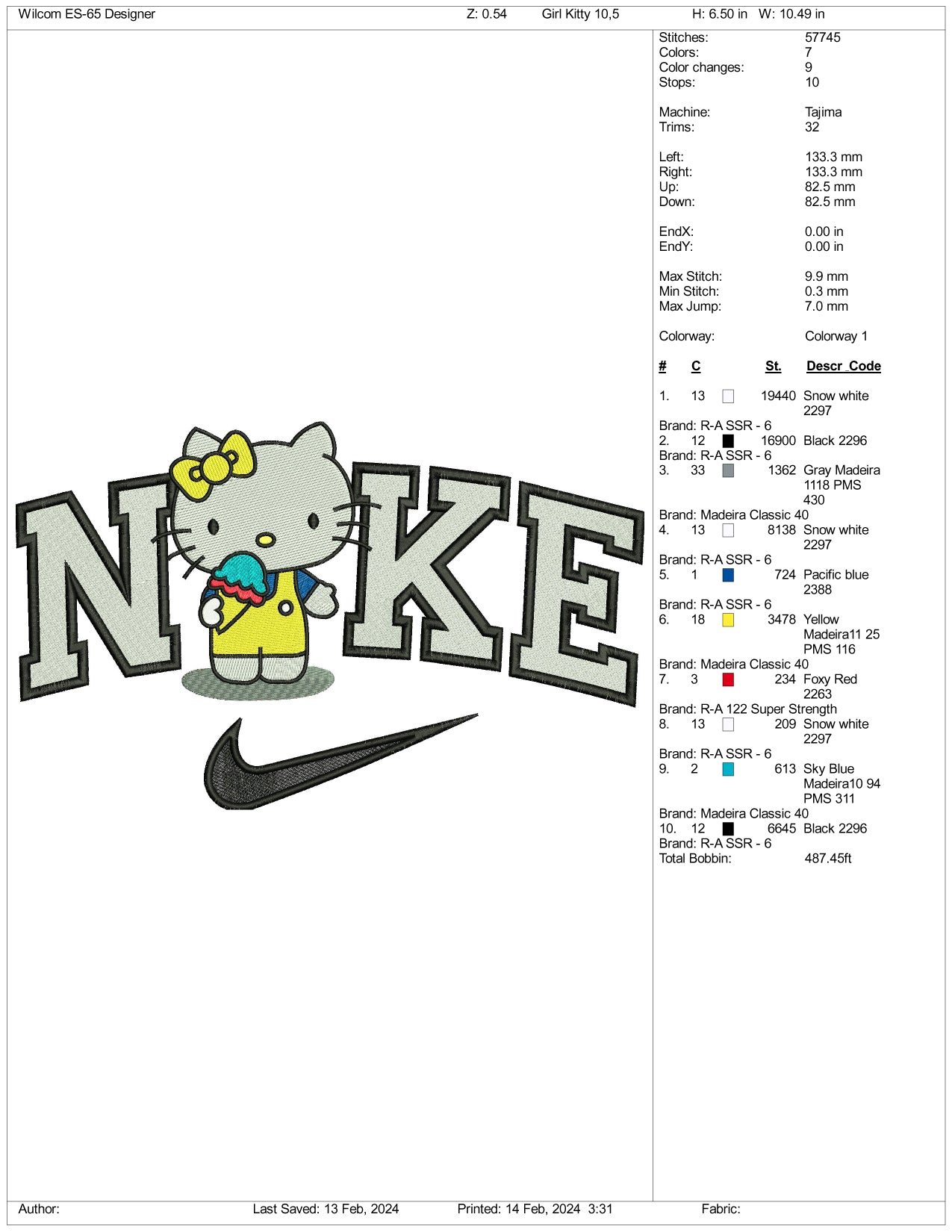 Nike Hello Kitty Embroidery Design Files - 3 Size's