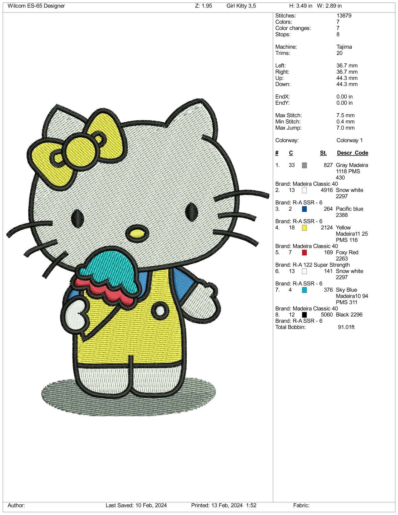 Hello Kitty Embroidery Design Files - 3 Size's