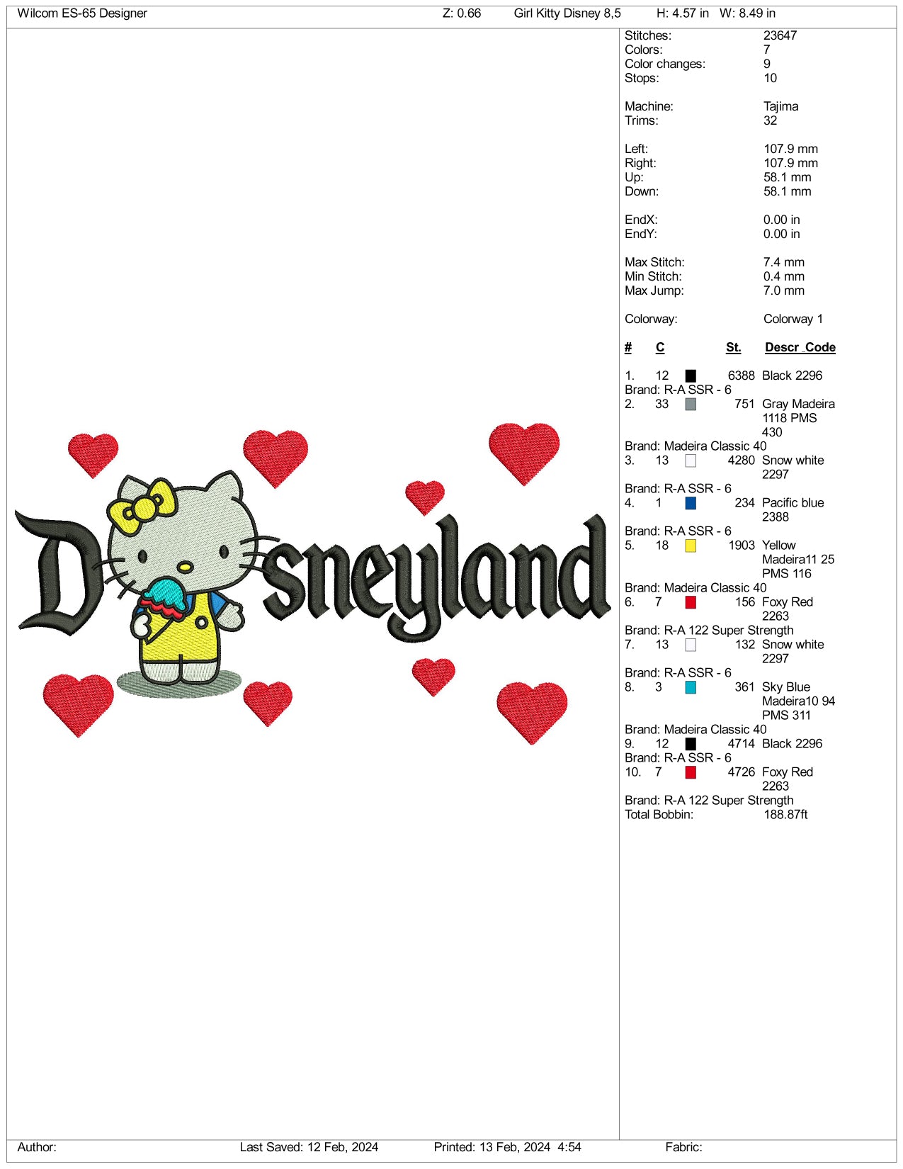 Hello Kitty Disneyland Embroidery Design Files - 3 Size's