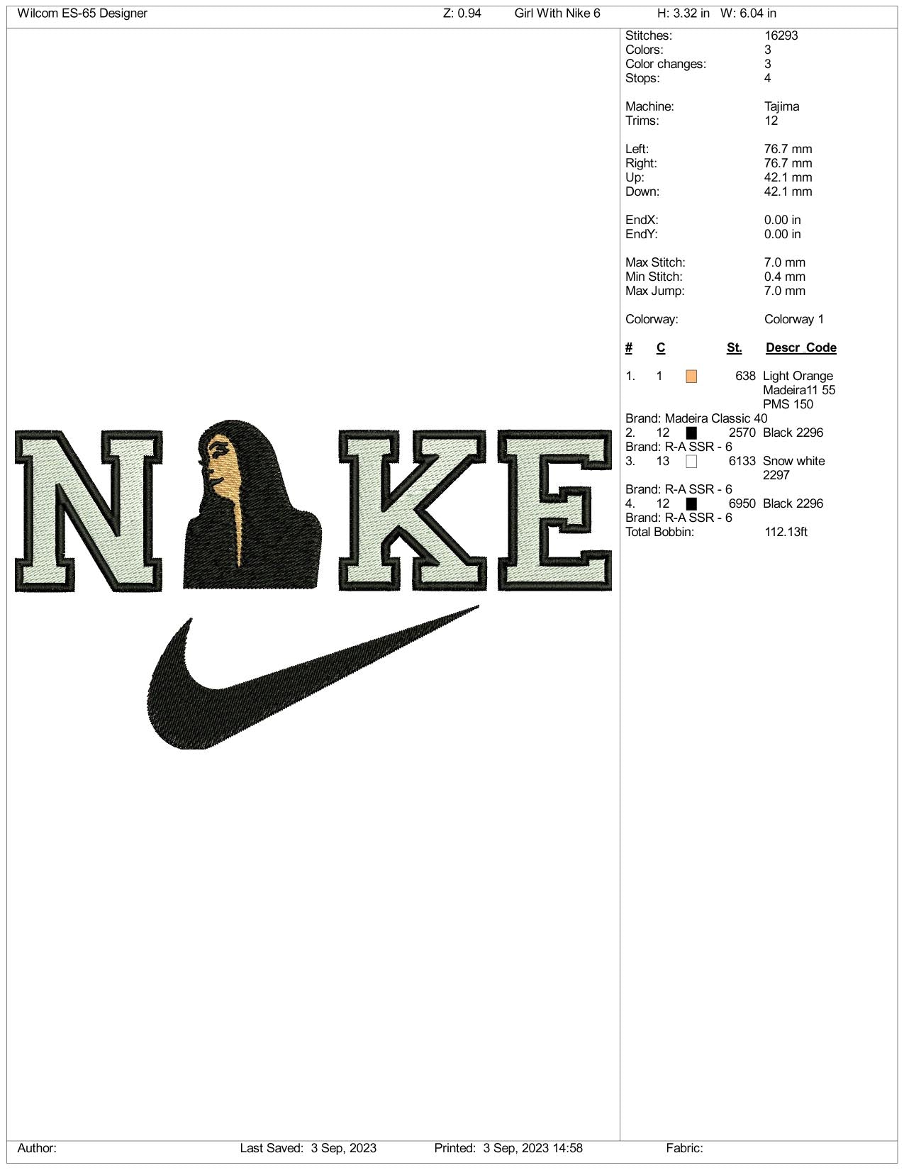 Nike Girl Embroidery Design Files - 3 Size's