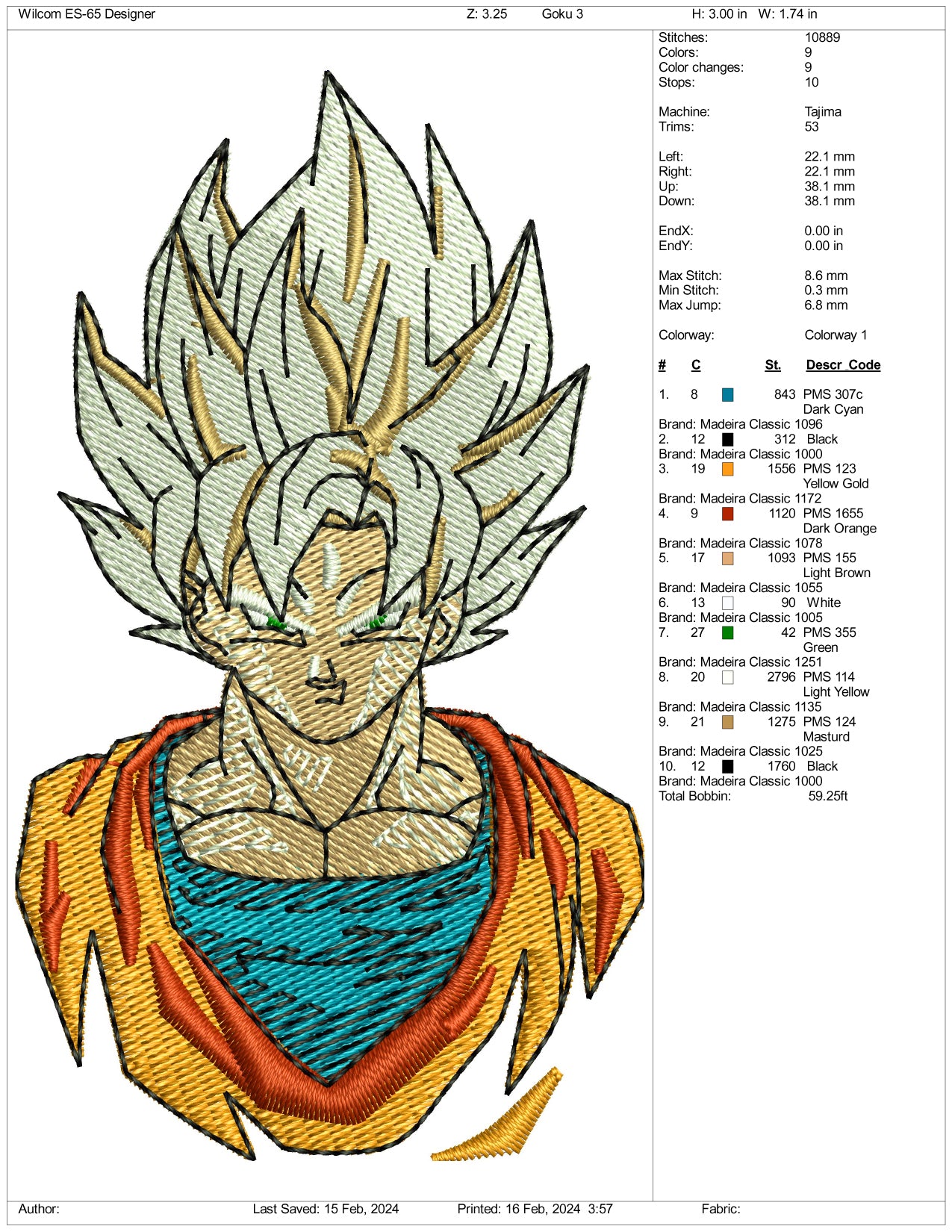 Super Saiyan Goku Embroidery Design Files - 3 Size's