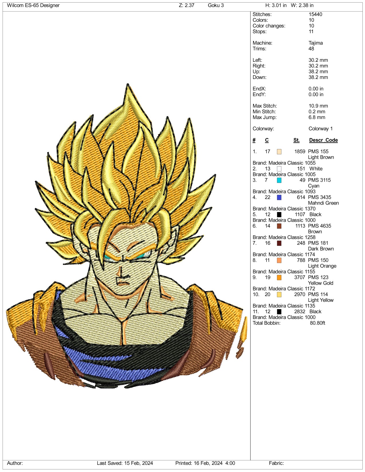 Super Saiyan Goku v3 Embroidery Design Files - 3 Size's