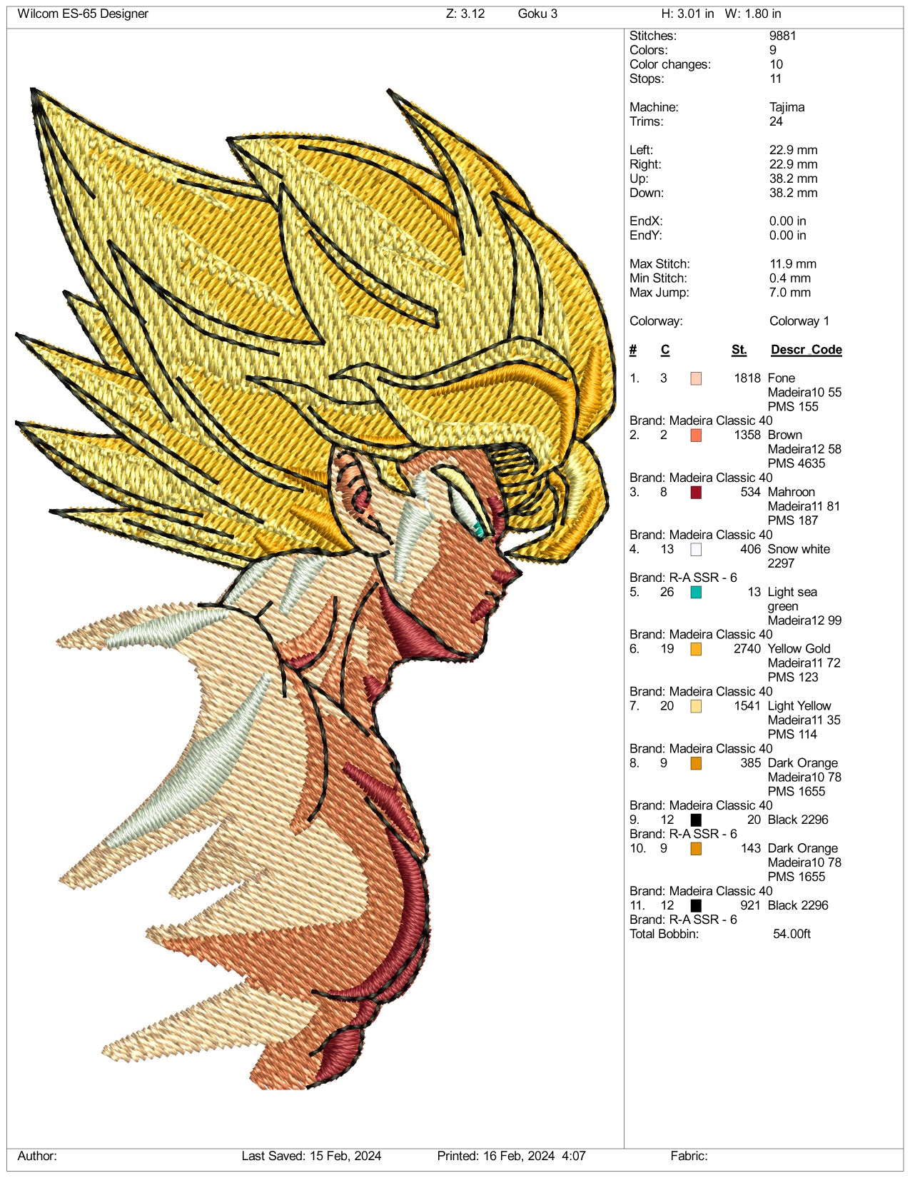 Super Saiyan Goku v4 Embroidery Design Files - 3 Size's