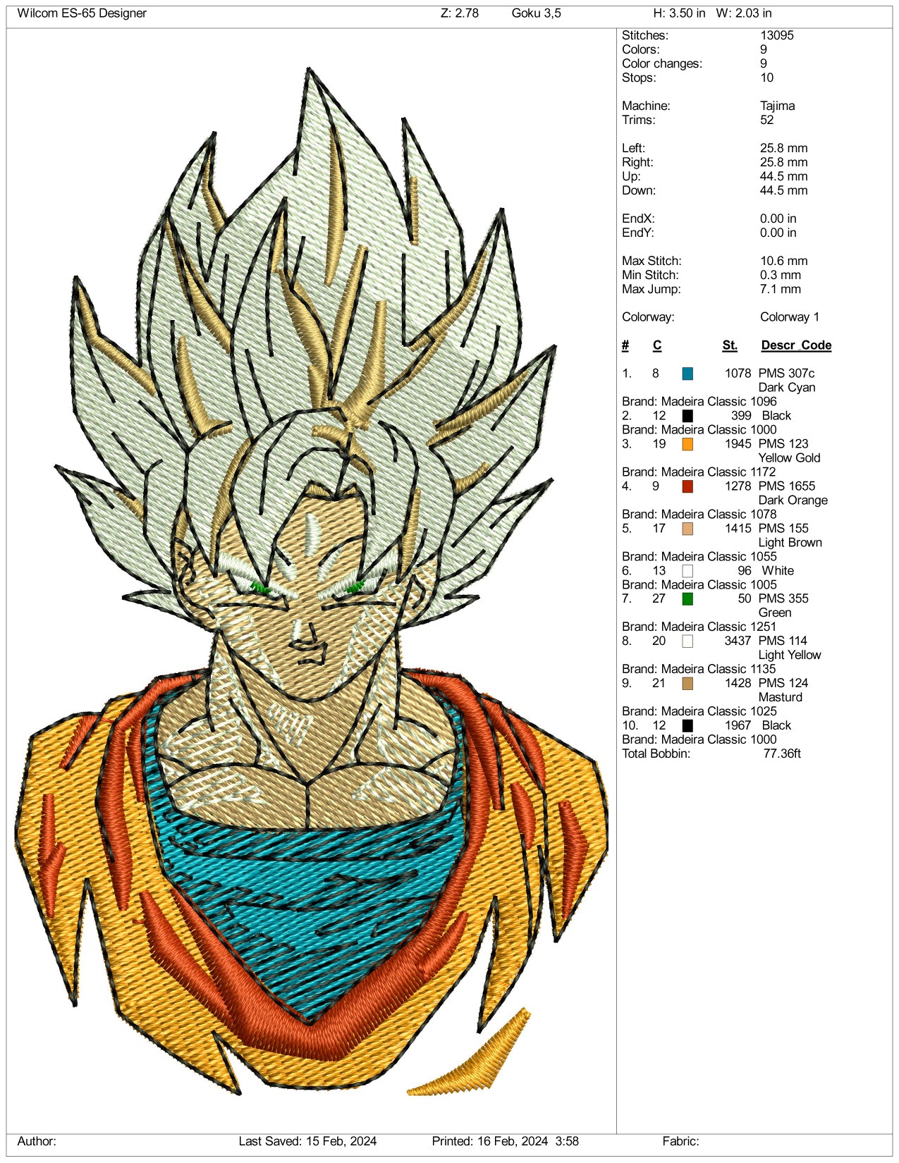 Super Saiyan Goku Embroidery Design Files - 3 Size's