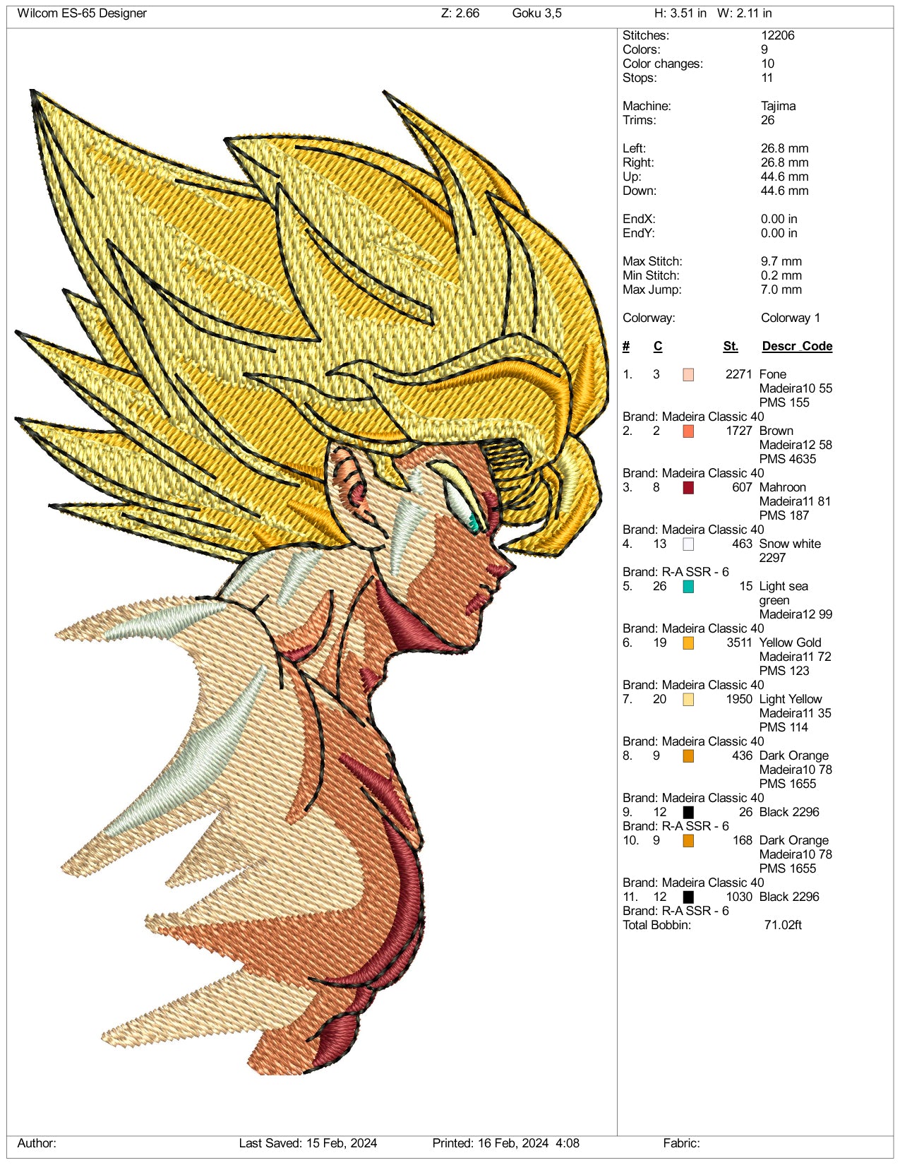 Super Saiyan Goku v4 Embroidery Design Files - 3 Size's