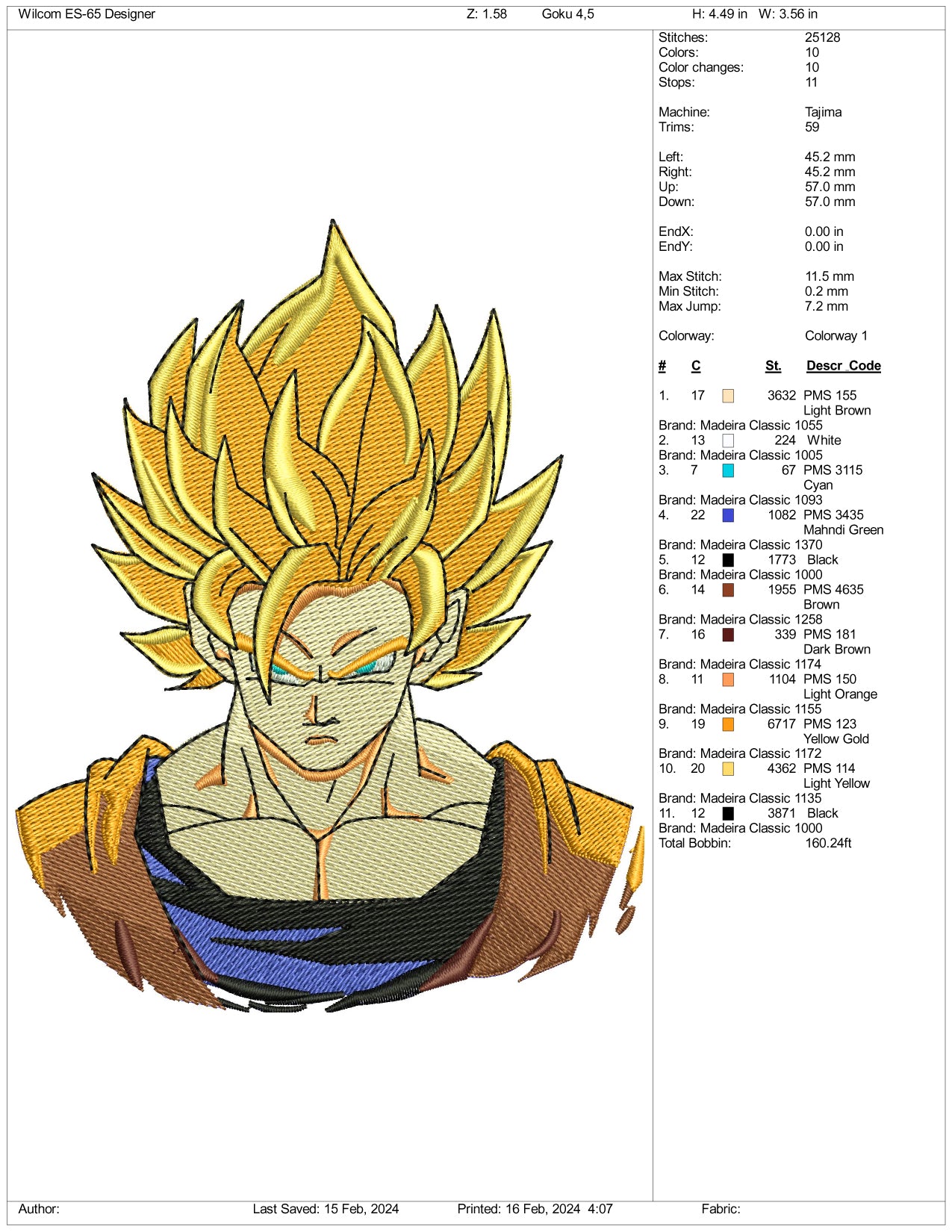 Super Saiyan Goku v3 Embroidery Design Files - 3 Size's