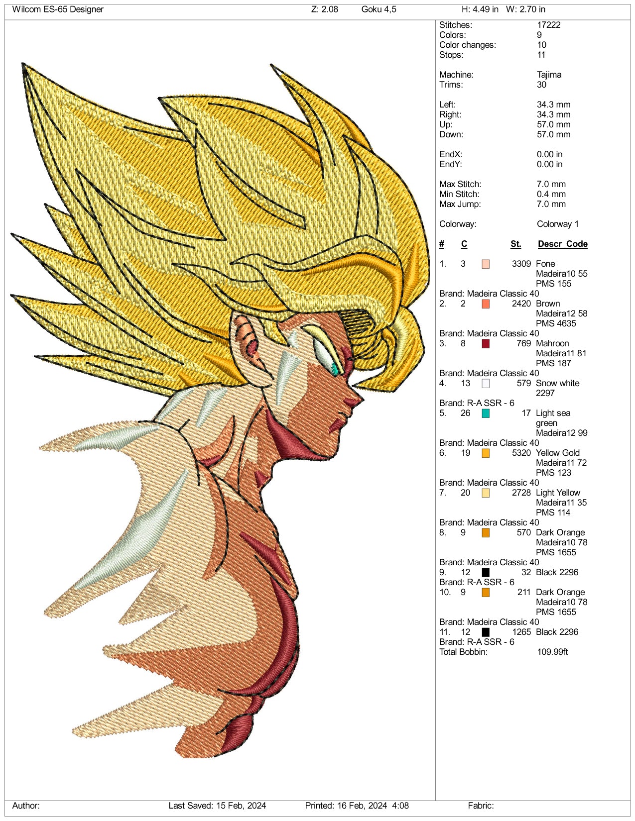 Super Saiyan Goku v4 Embroidery Design Files - 3 Size's