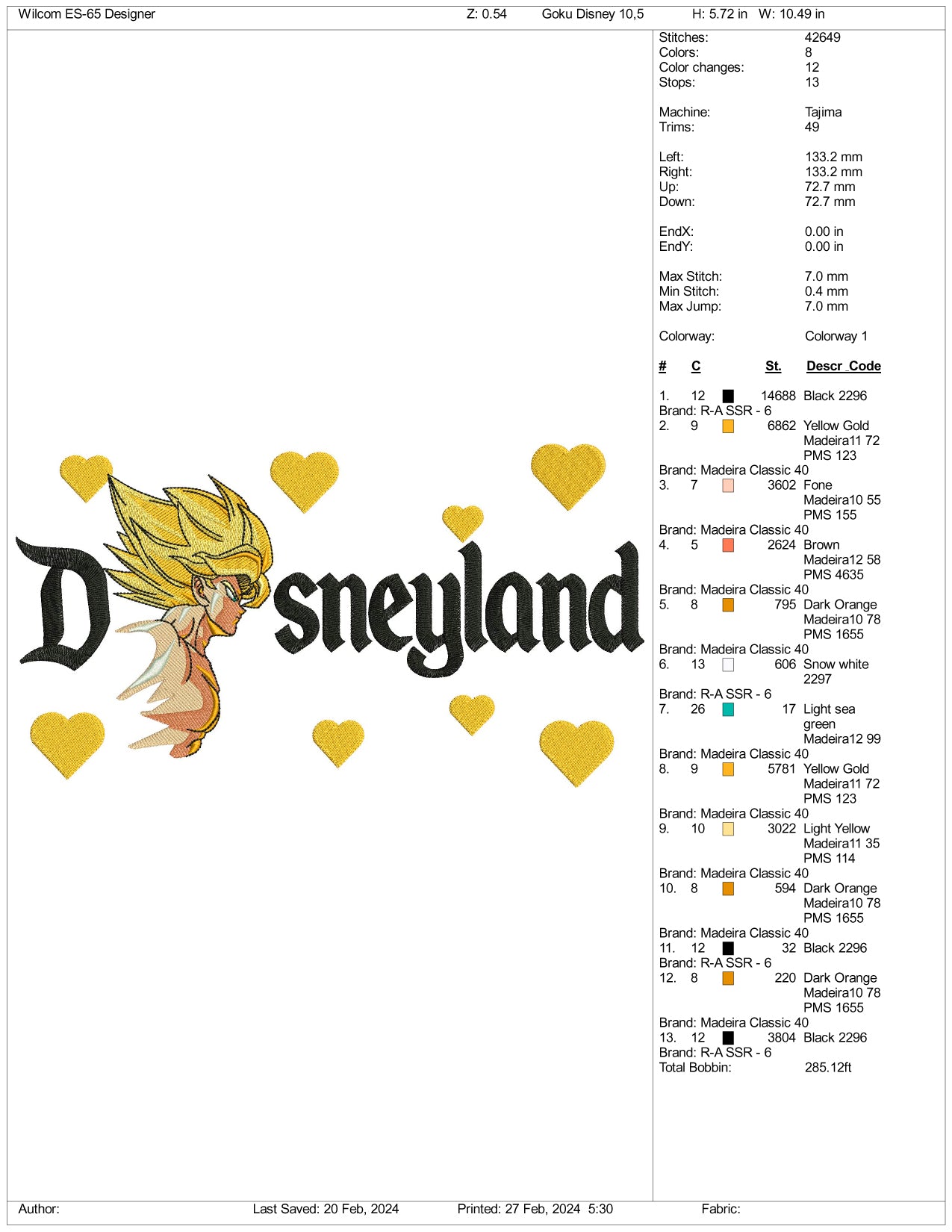 Super Saiyan Goku v4 Disneyland Embroidery Design Files - 3 Size's