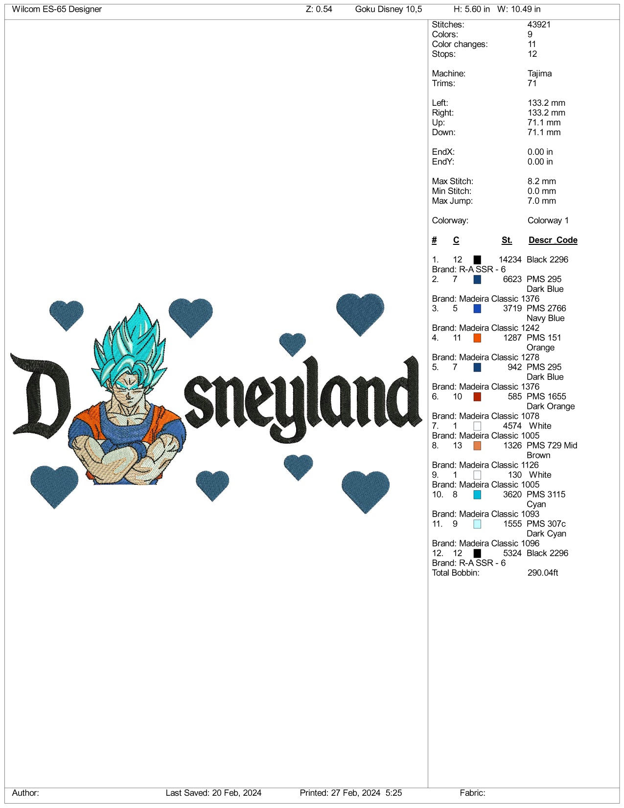 Super Saiyan Goku v2 Disneyland Embroidery Design Files - 3 Size's