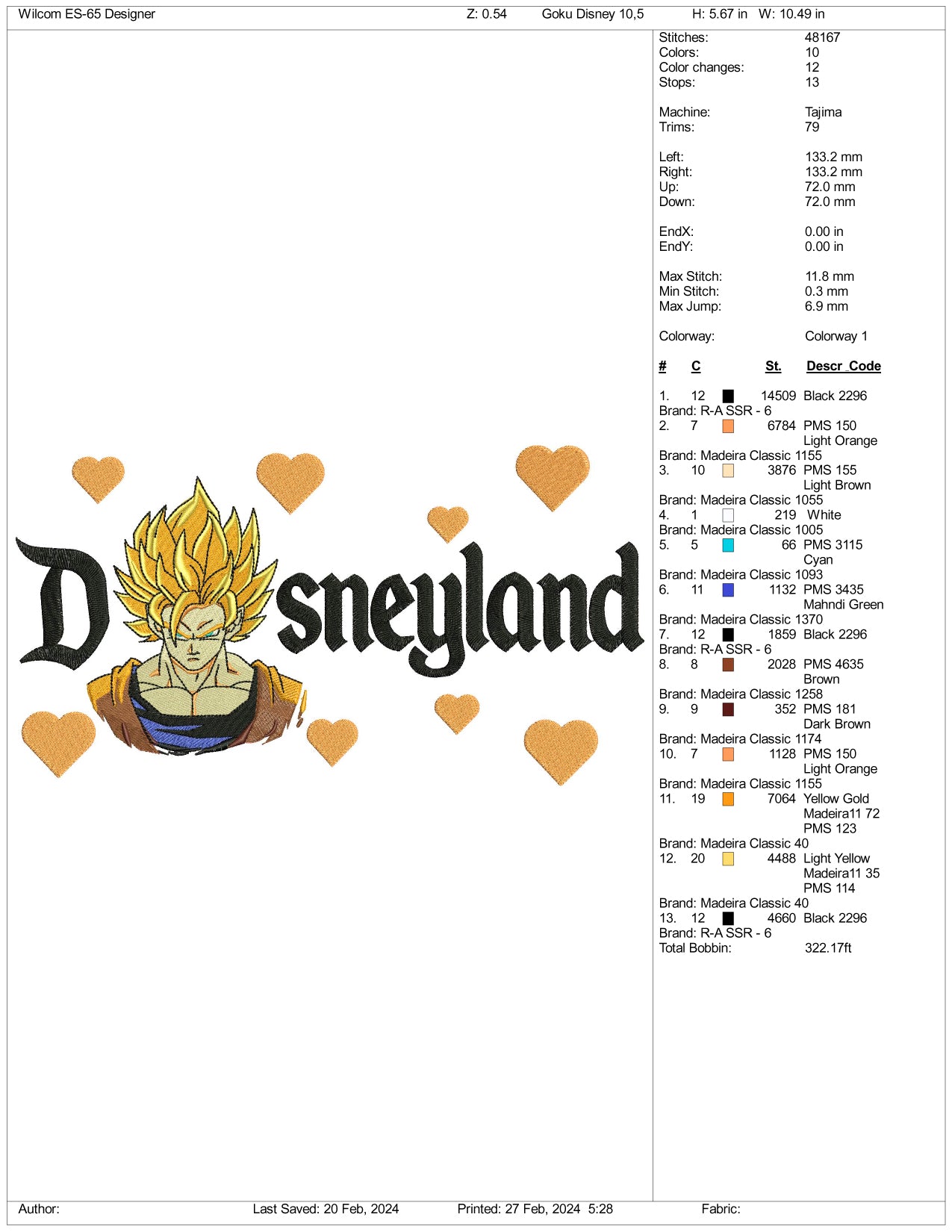 Super Saiyan Goku v3 Disneyland Embroidery Design Files - 3 Size's