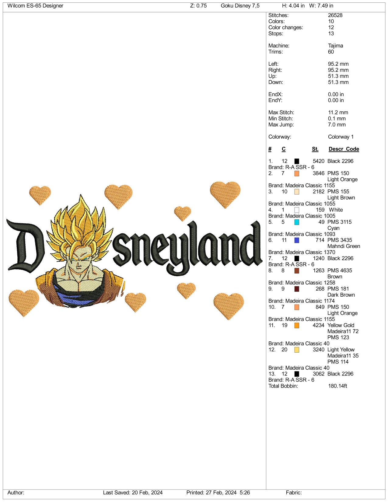 Super Saiyan Goku v3 Disneyland Embroidery Design Files - 3 Size's