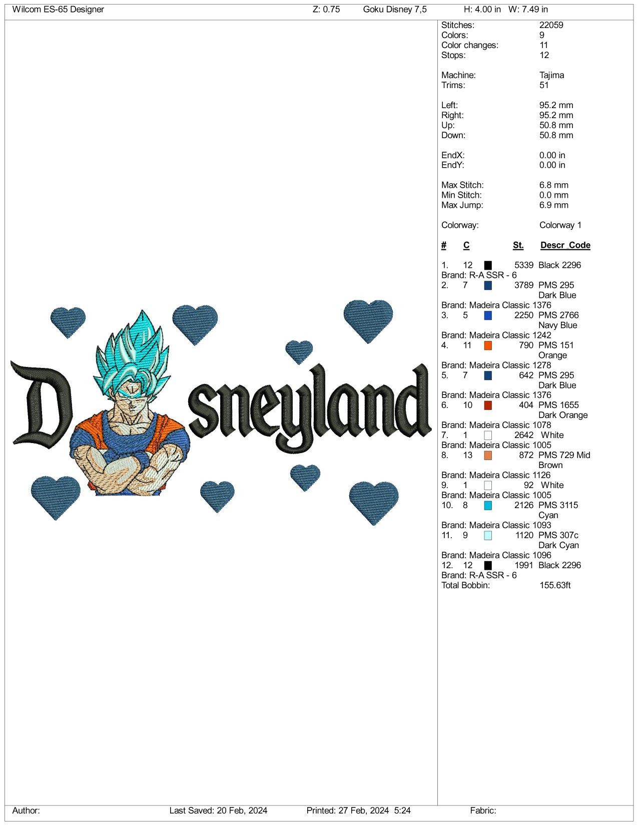 Super Saiyan Goku v2 Disneyland Embroidery Design Files - 3 Size's