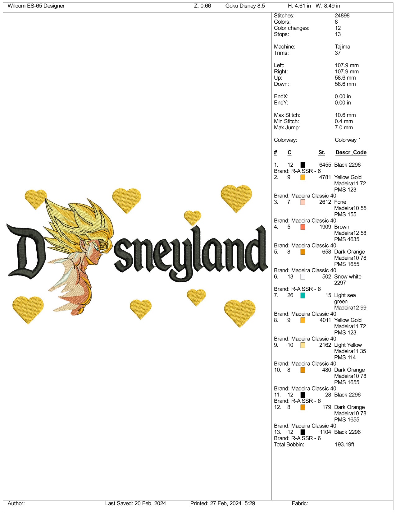 Super Saiyan Goku v4 Disneyland Embroidery Design Files - 3 Size's