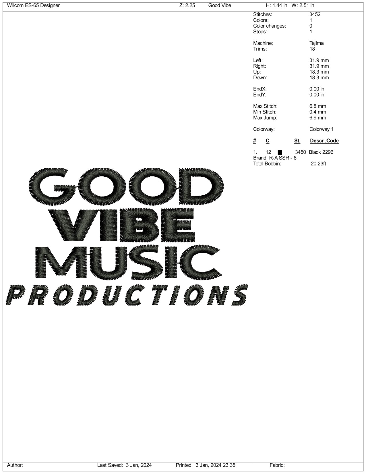 Good Vibe Music Embroidery Design Files - 3 Size's