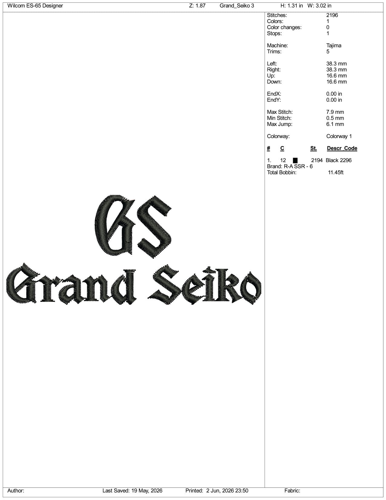 Grand Seiko Logo Embroidery Design Files - 3 Size's
