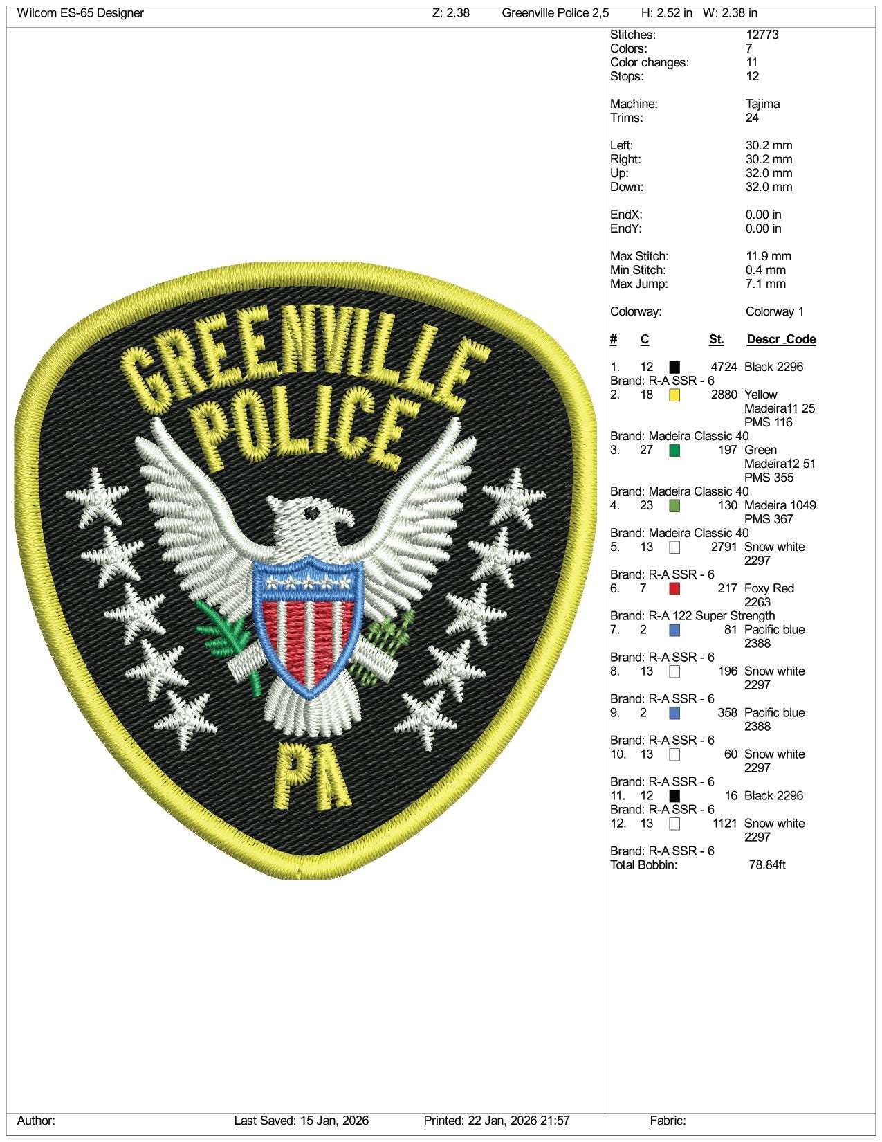 Greenville Police PA Embroidery Design Files - 3 Size's