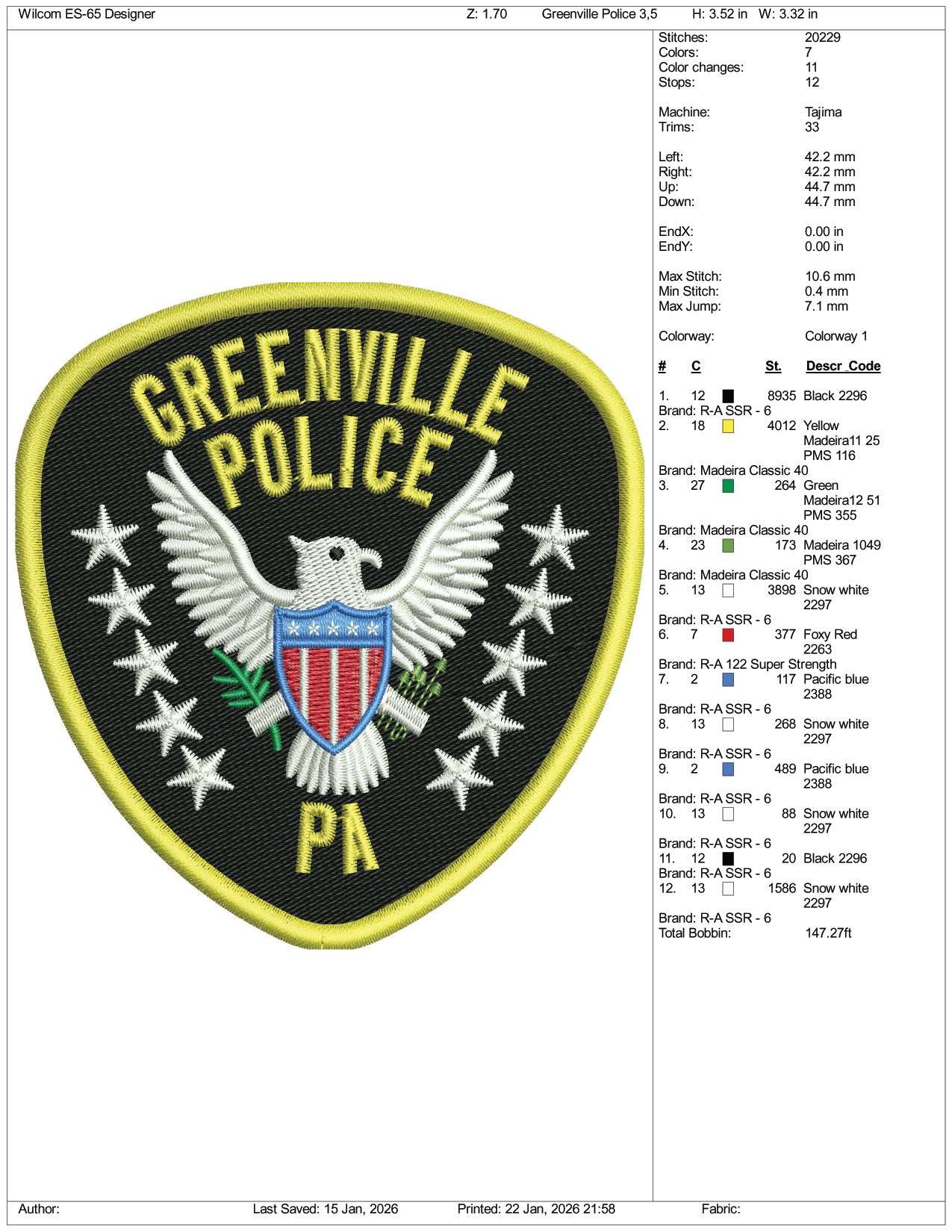 Greenville Police PA Embroidery Design Files - 3 Size's