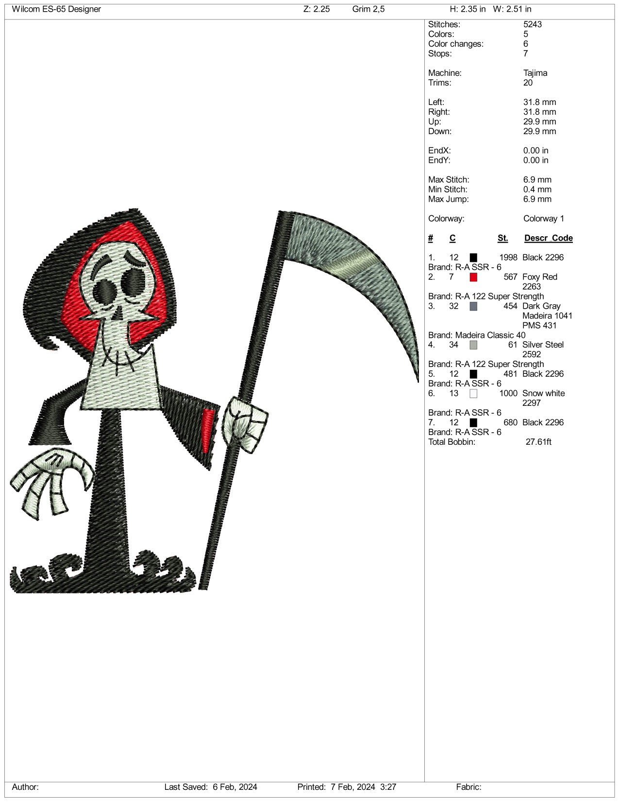 Grim Reaper Embroidery Design Files - 3 Size's