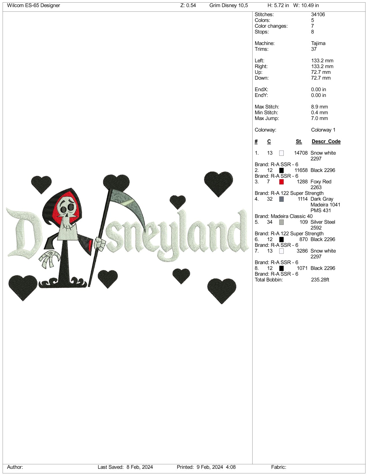 Grim Reaper Disneyland  Embroidery Design Files - 3 Size's