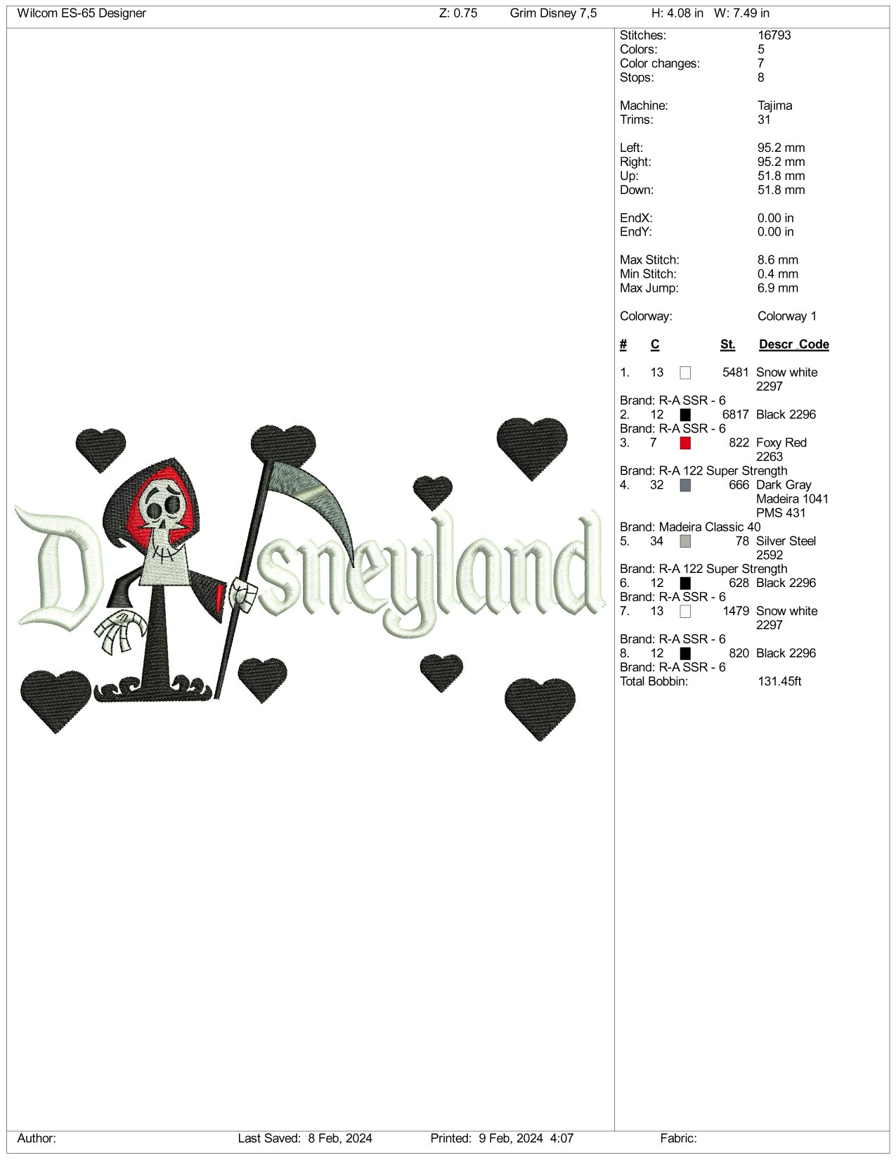 Grim Reaper Disneyland  Embroidery Design Files - 3 Size's