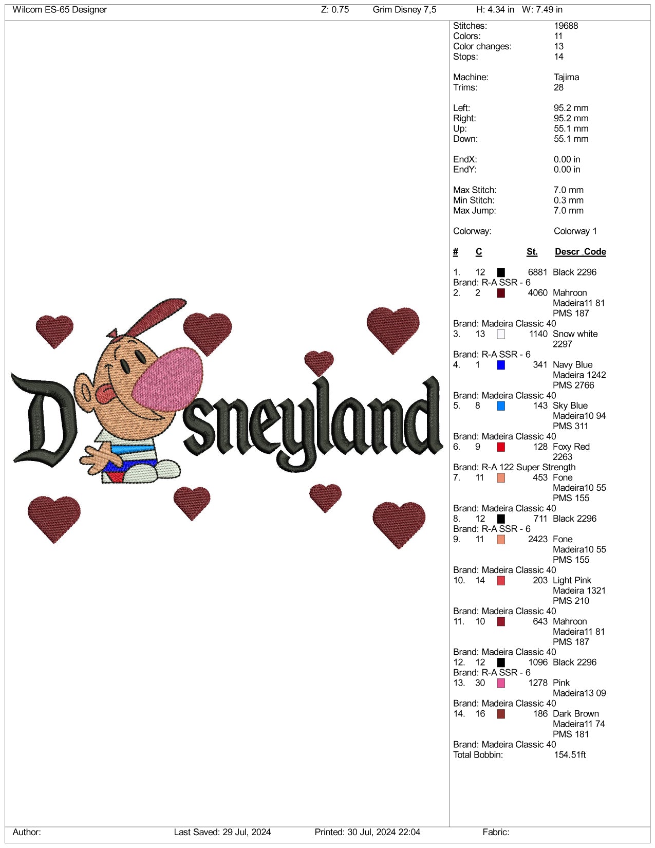 Billy Disneyland Embroidery Design Files - 3 Size's