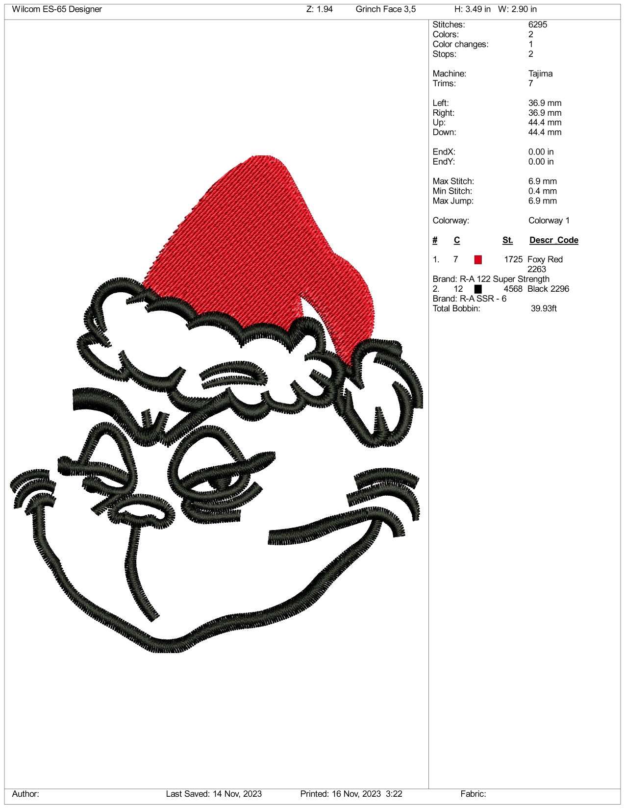 Grinch Face Embroidery Design Files - 3 Size's