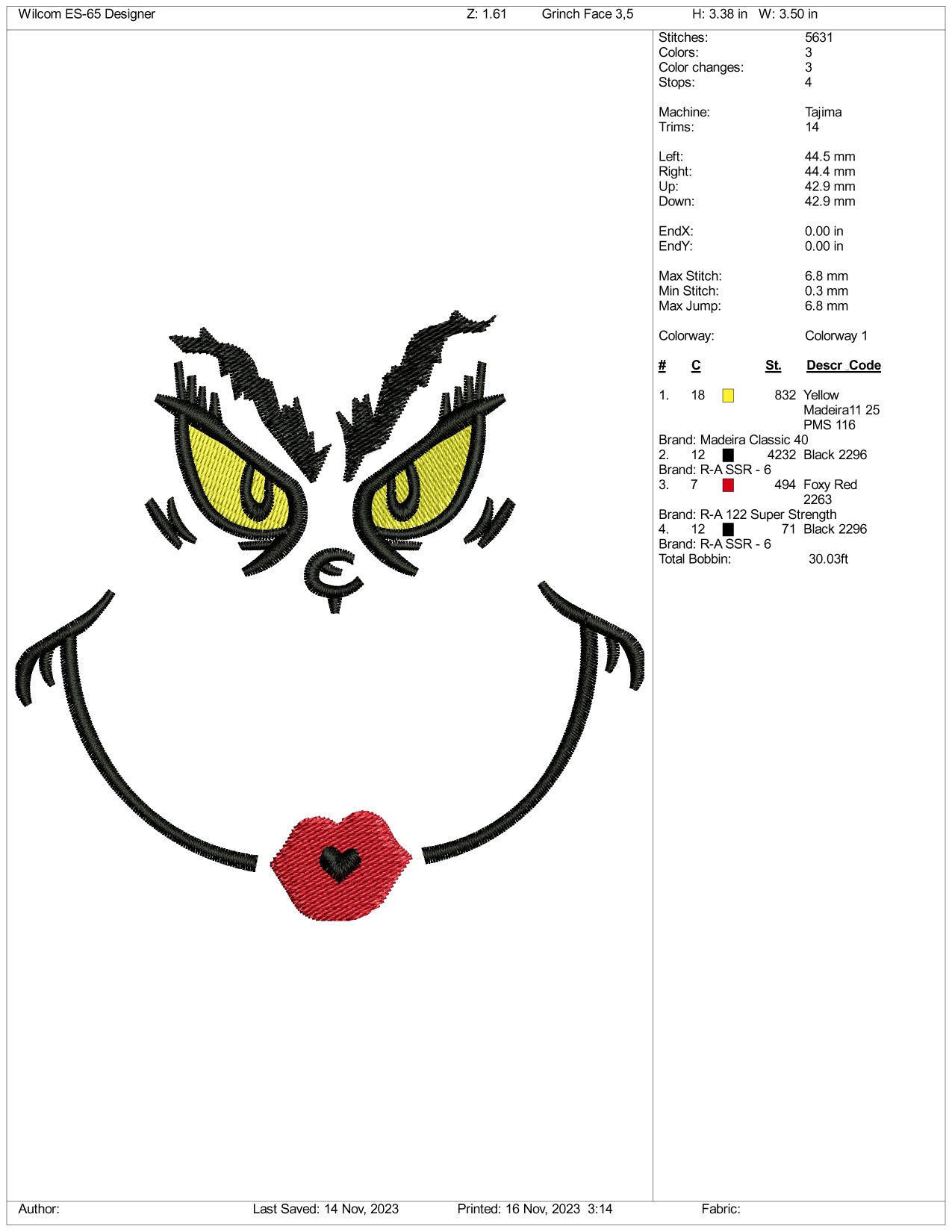 Grinch Face v4 Embroidery Design Files - 3 Size's