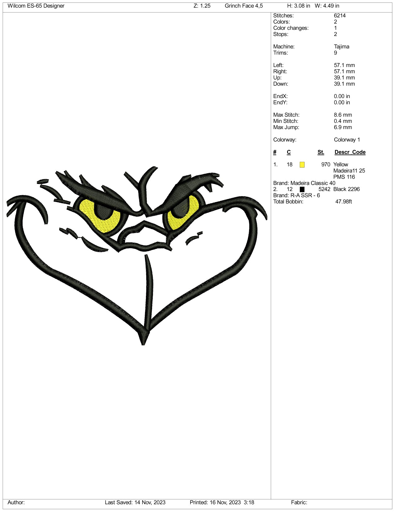 Grinch Face v2 Embroidery Design Files - 3 Size's