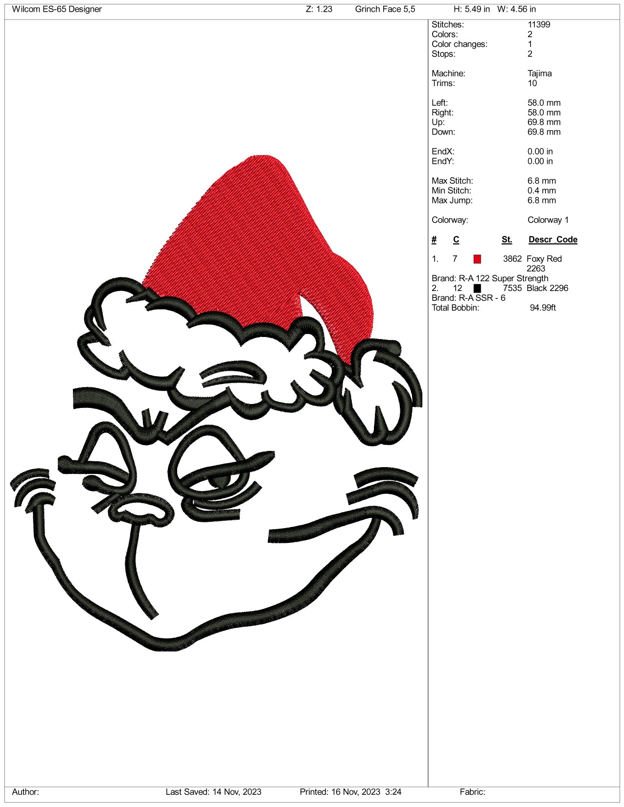 Grinch Face Embroidery Design Files - 3 Size's