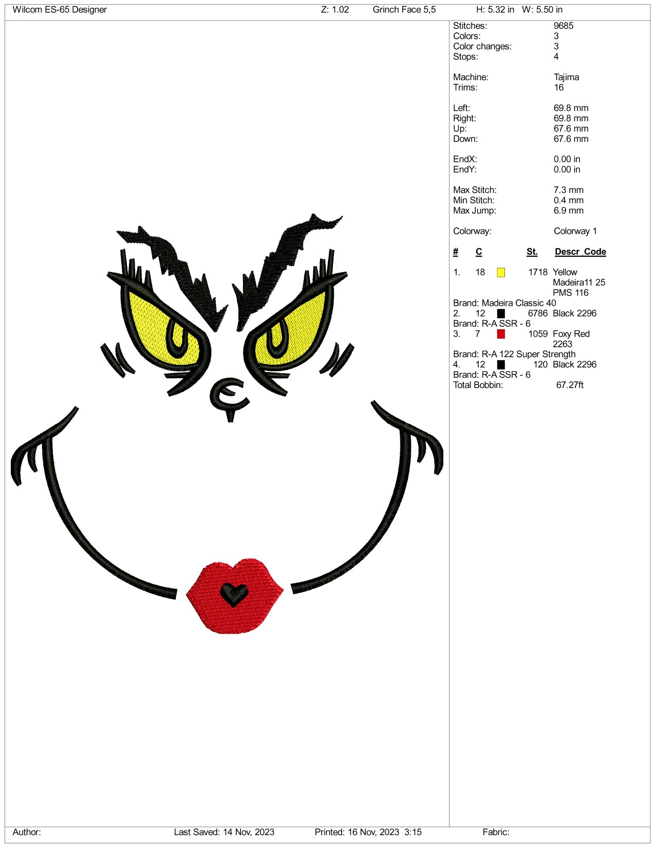 Grinch Face v4 Embroidery Design Files - 3 Size's