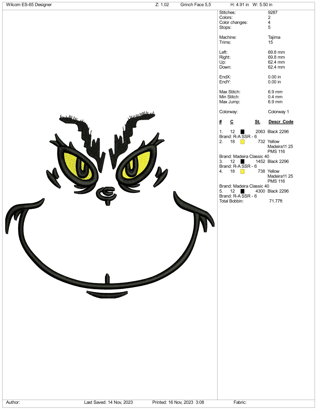 Grinch Face v8 Embroidery Design Files - 3 Size's