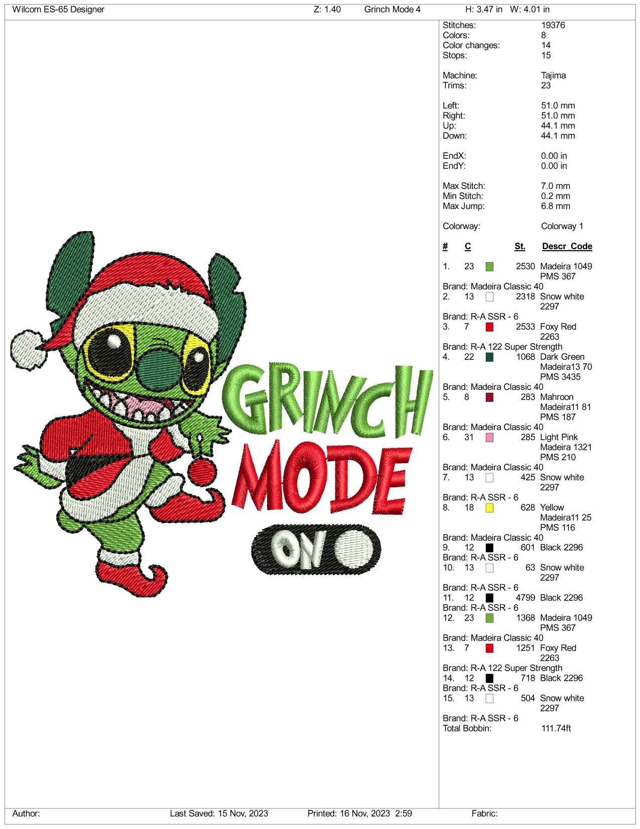 Stitch Grinch Mode On Embroidery Design Files - 3 Size's