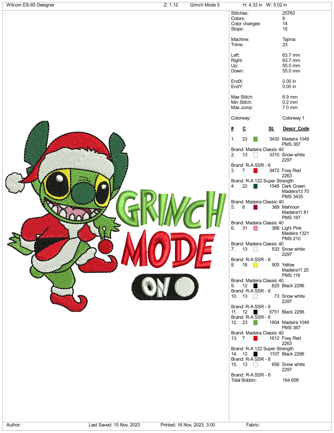 Stitch Grinch Mode On Embroidery Design Files - 3 Size's