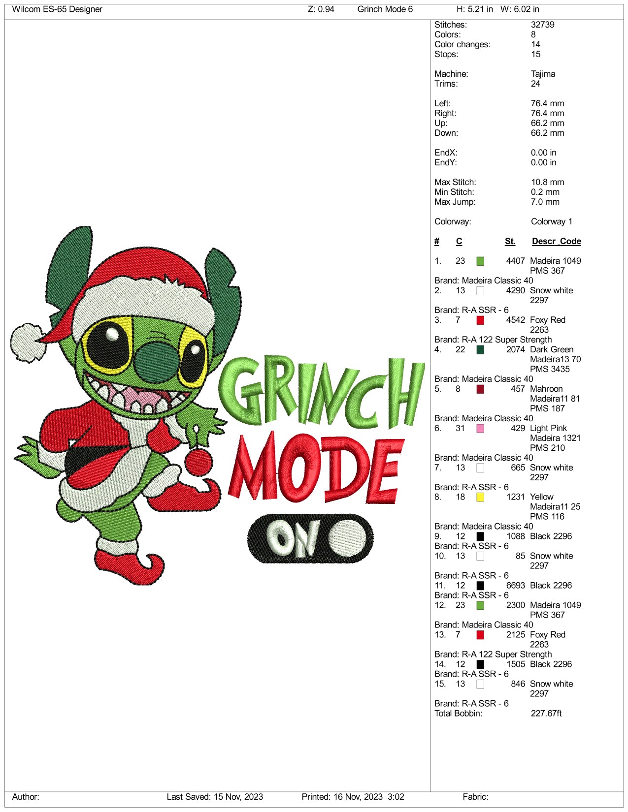 Stitch Grinch Mode On Embroidery Design Files - 3 Size's